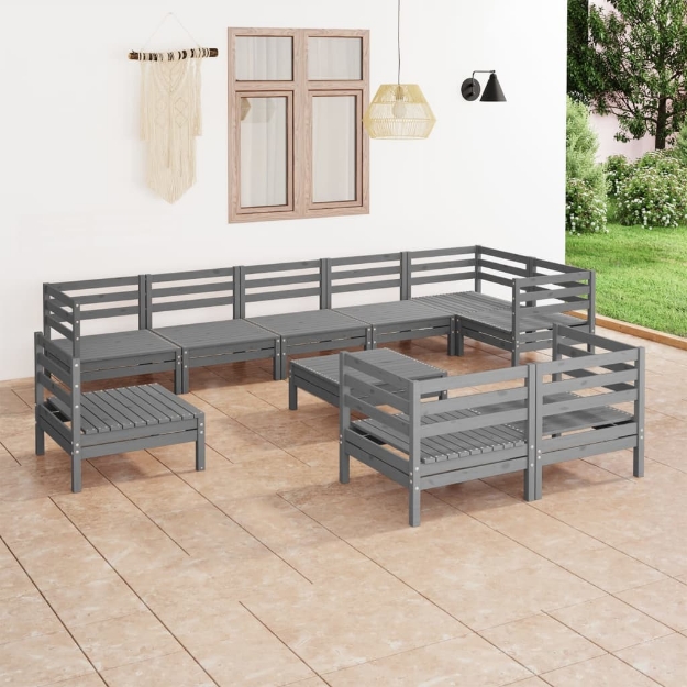 Set Divani da Giardino 10 pz in Legno Massello di Pino Grigio