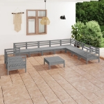 Set Divani da Giardino 11 pz in Legno Massello di Pino Grigio