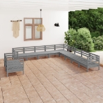 Set Divani da Giardino 11 pz Grigio in Legno Massello di Pino