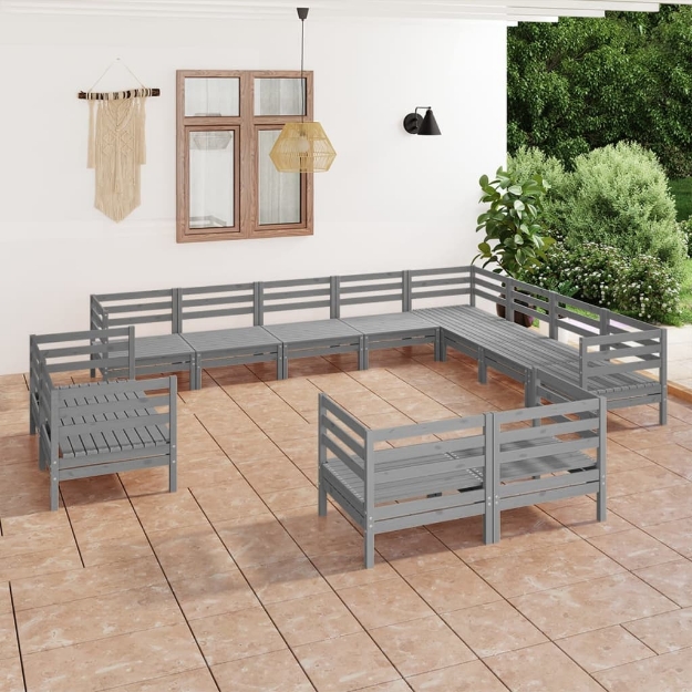 Set Divani da Giardino 12 pz in Legno Massello di Pino Grigio