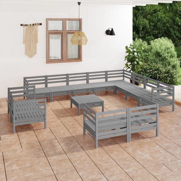 Set Divani da Giardino 13 pz in Legno Massello di Pino Grigio