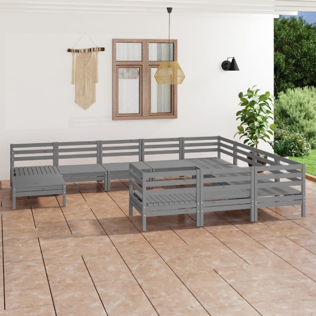 Set Divani da Giardino 11 pz Grigio in Legno Massello di Pino