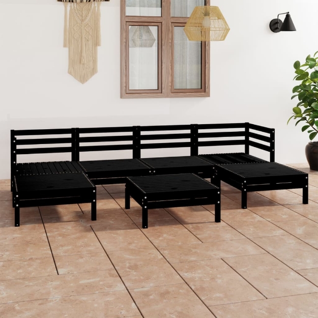 Set Divani da Giardino 7 pz Nero in Legno Massello di Pino