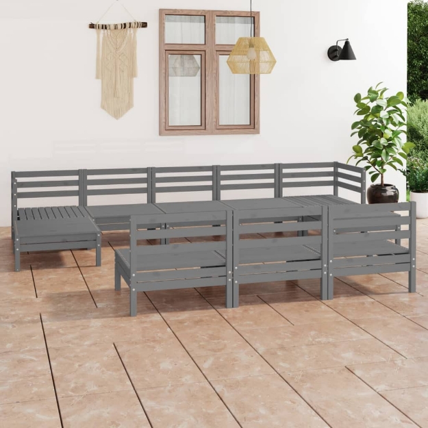 Set Divani da Giardino 10 pz Grigio in Legno Massello di Pino