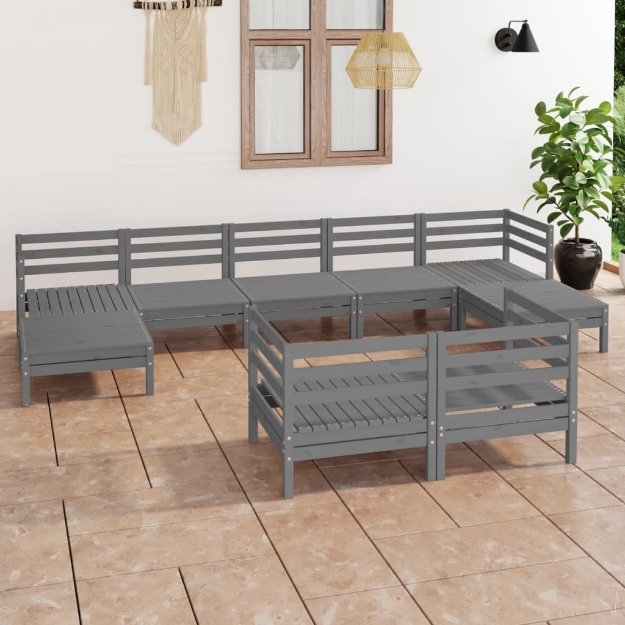 Set Divani da Giardino 9 pz Grigio in Legno Massello di Pino