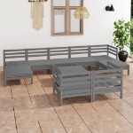 Set Divani da Giardino 10 pz Grigio in Legno Massello di Pino