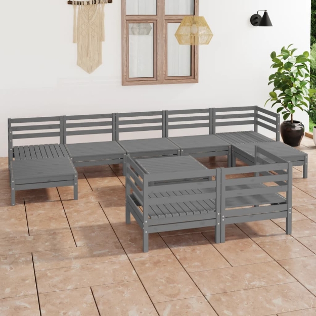 Set Divani da Giardino 10 pz Grigio in Legno Massello di Pino