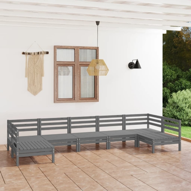 Set Divani da Giardino 7 pz Grigio in Legno Massello di Pino