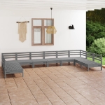 Set Divani da Giardino 10 pz Grigio in Legno Massello di Pino