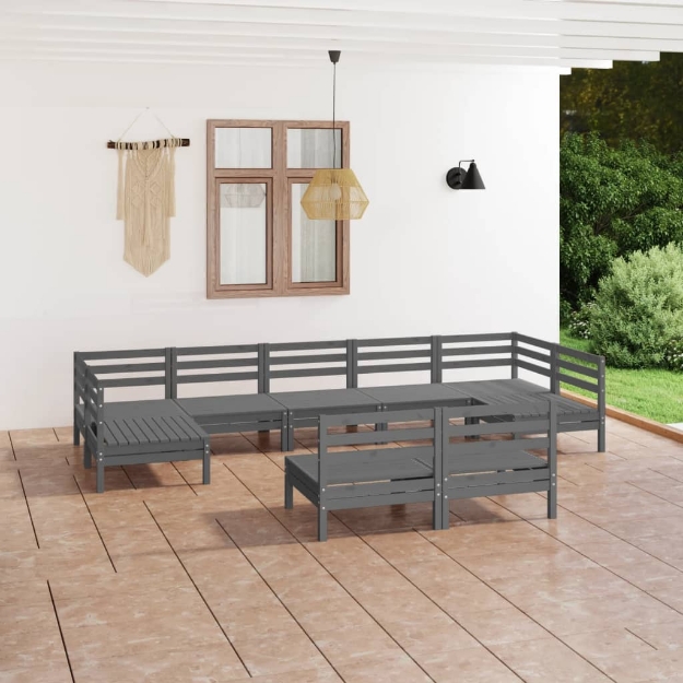 Set Divani da Giardino 9 pz Grigio in Legno Massello di Pino