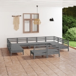 Set Divani da Giardino 11 pz Grigio in Legno Massello di Pino