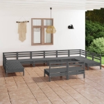 Set Divani da Giardino 12 pz Grigio in Legno Massello di Pino