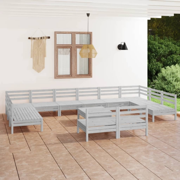 Set Divani da Giardino 13 pz Bianco in Legno Massello di Pino