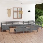 Set Divani da Giardino 14 pz Grigio in Legno Massello di Pino