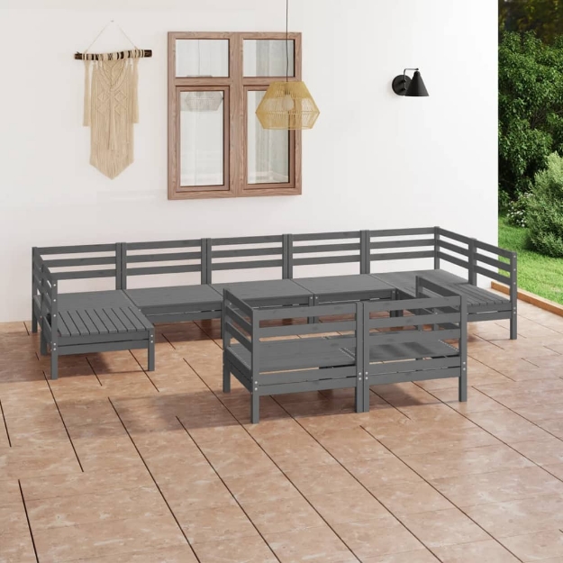 Set Divani da Giardino 9 pz Grigio in Legno Massello di Pino