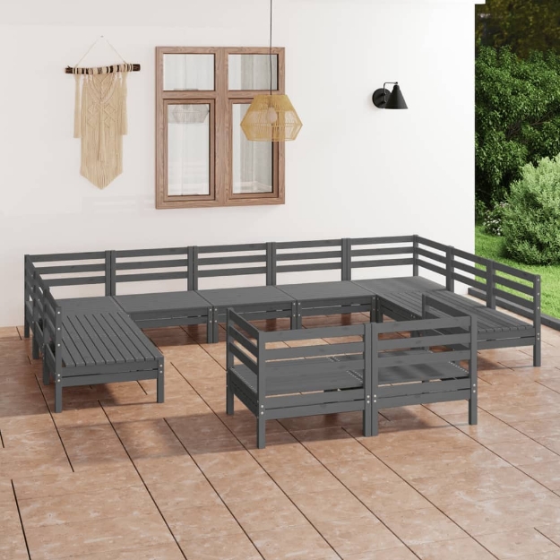 Set Divani da Giardino 11 pz Grigio in Legno Massello di Pino