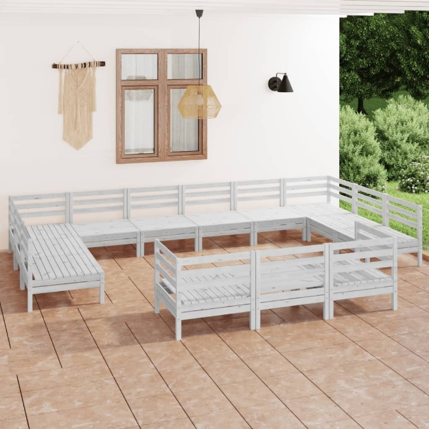 Set Divani da Giardino 13 pz Bianco in Legno Massello di Pino