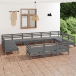 Set Divani da Giardino 13 pz Grigio in Legno Massello di Pino