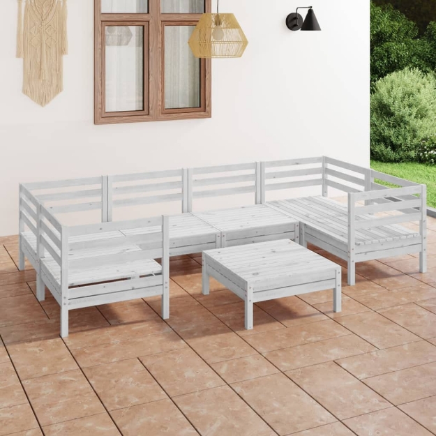 Set Divani da Giardino 7 pz Bianco in Legno Massello di Pino