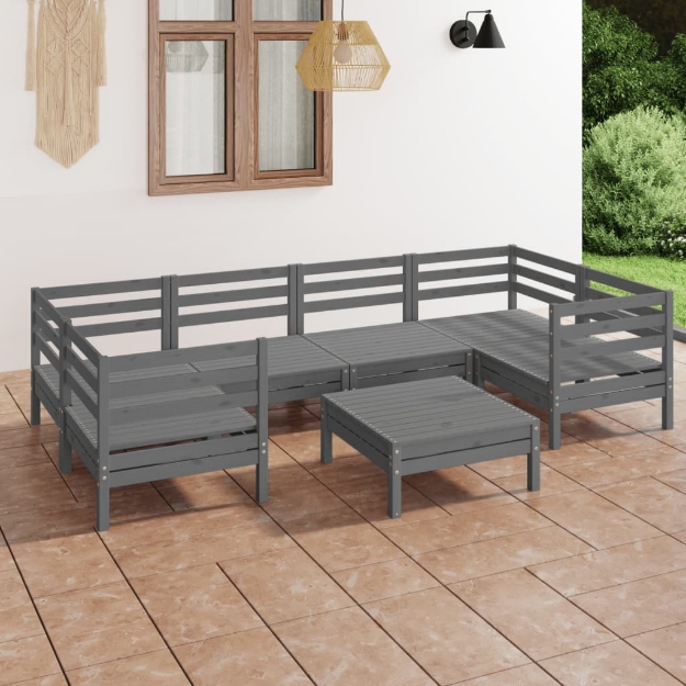 Set Divani da Giardino 7 pz Grigio in Legno Massello di Pino