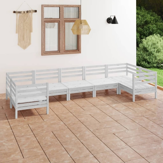 Set Divani da Giardino 7 pz Bianco in Legno Massello di Pino