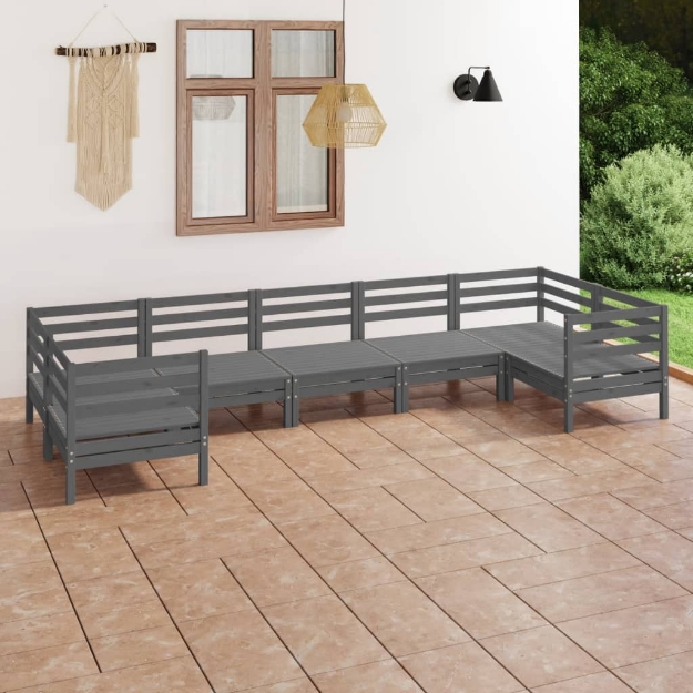 Set Divani da Giardino 7 pz Grigio in Legno Massello di Pino