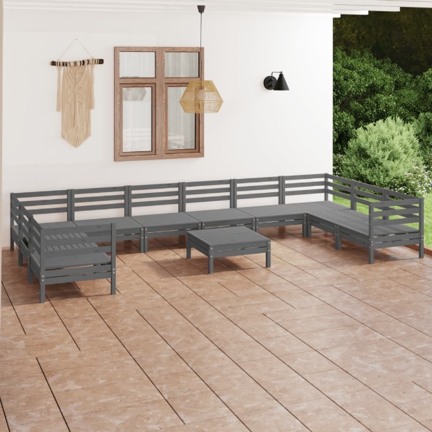 Set Divani da Giardino 11 pz Grigio in Legno Massello di Pino