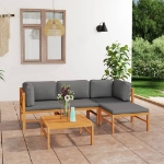 Set Divani da Giardino 5pz Cuscini Grigi Legno Massello di Teak