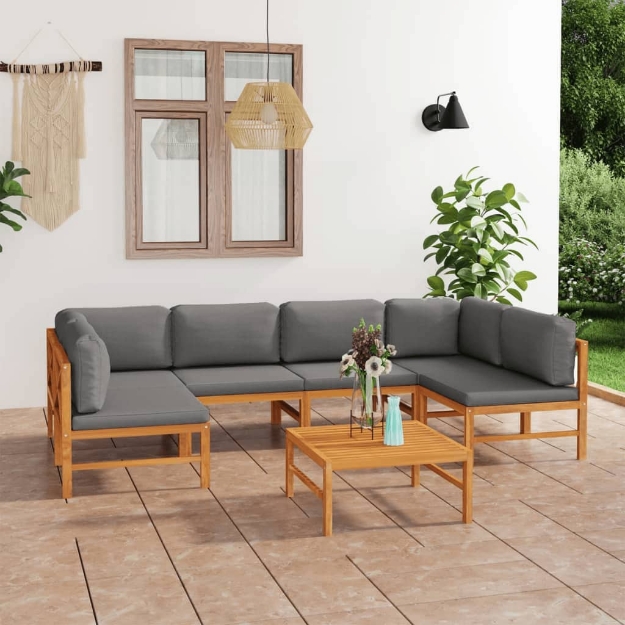 Set Divani da Giardino 7pz Cuscini Grigi Legno Massello di Teak