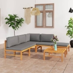 Set Divani da Giardino 6pz Cuscini Grigi Legno Massello di Teak