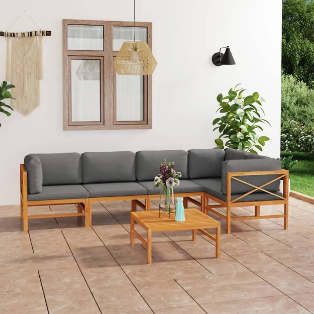 Set Divani da Giardino 6pz Cuscini Grigi Legno Massello di Teak