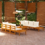 Set Divani Giardino 5 pz Cuscini Bianco Crema in Legno d'Acacia