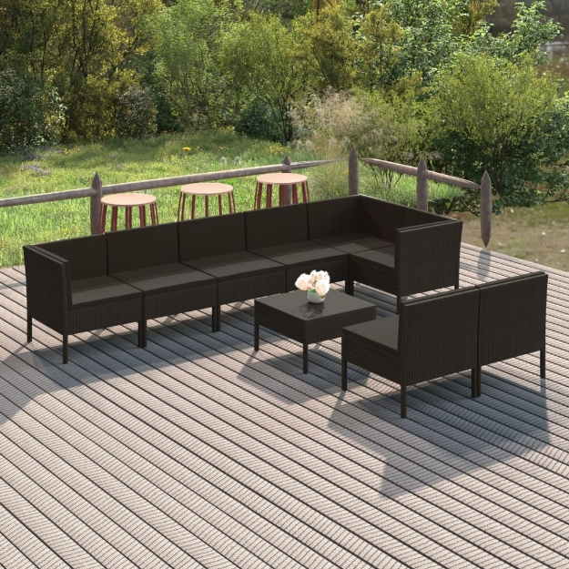 Set Divani da Giardino 9 pz con Cuscini in Polyrattan Nero