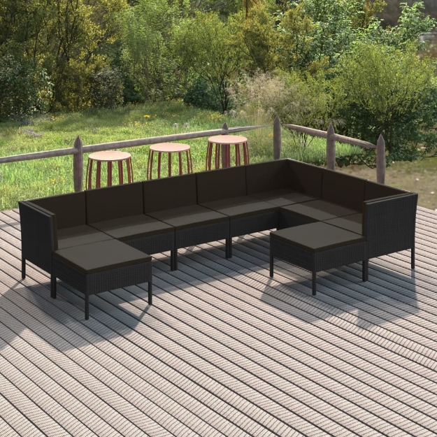 Set Divani da Giardino 9 pz con Cuscini in Polyrattan Nero