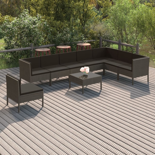 Set Divani da Giardino 9 pz con Cuscini in Polyrattan Grigio