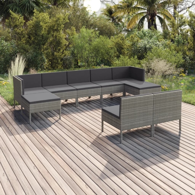 Set Divani da Giardino 9 pz con Cuscini in Polyrattan Grigio