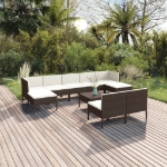 Set Divani da Giardino 10 pz con Cuscini in Polyrattan Marrone