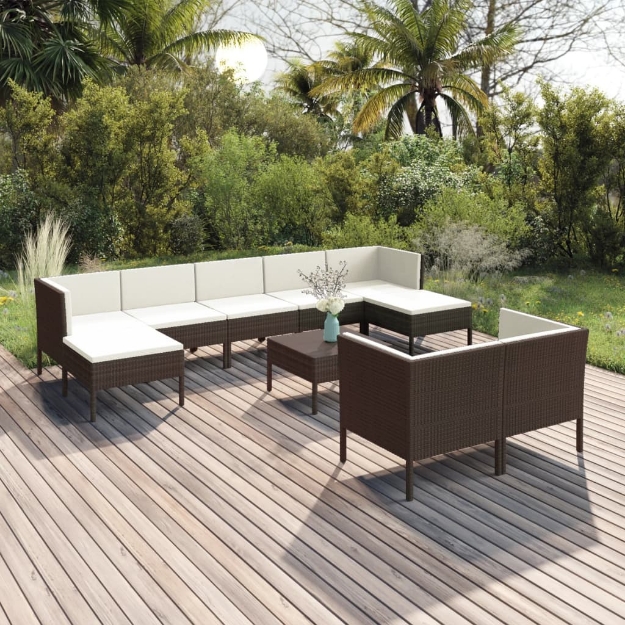 Set Divani da Giardino 10 pz con Cuscini in Polyrattan Marrone