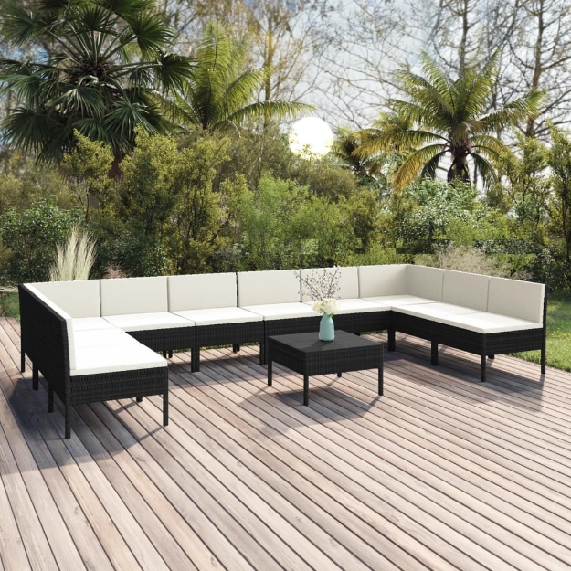 Set Divani da Giardino 11 pz con Cuscini in Polyrattan Nero