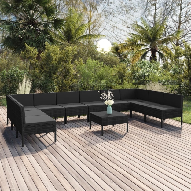 Set Divani da Giardino 11 pz con Cuscini in Polyrattan Nero