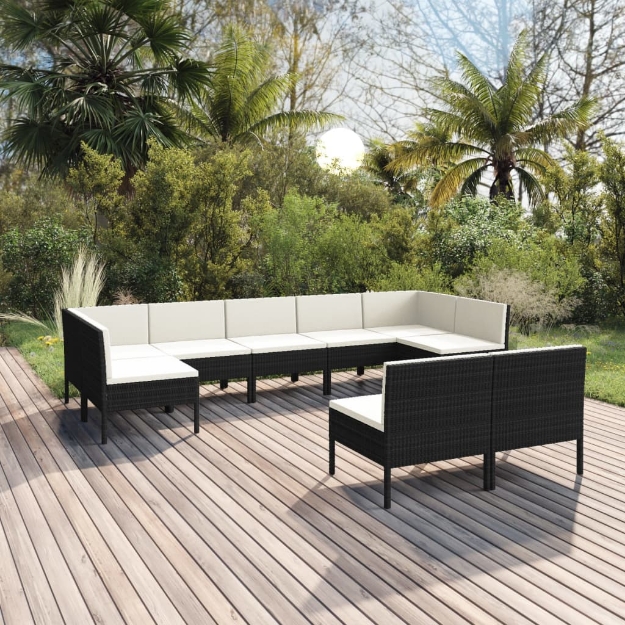 Set Divani da Giardino 9 pz con Cuscini in Polyrattan Nero