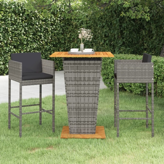 Set Bar da Giardino 3 pz con Cuscini in Polyrattan Grigio