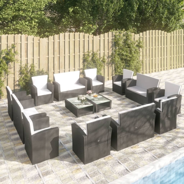 Set Divani da Giardino 16 pz con Cuscini in Polyrattan Nero