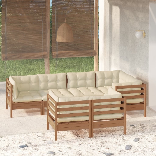 Set Divani da Giardino 7 pz con Cuscini Miele in Legno di Pino