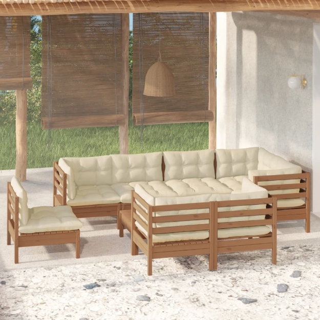 Set Divani da Giardino 9 pz con Cuscini Miele Legno di Pino