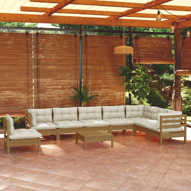 Set Divani da Giardino 9 pz con Cuscini Miele Legno di Pino