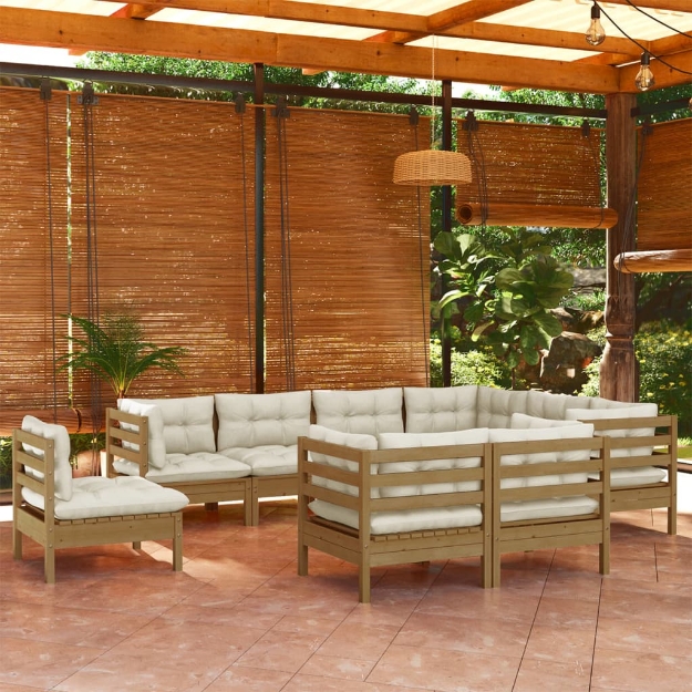 Set Divani da Giardino 9 pz con Cuscini Miele in Legno di Pino