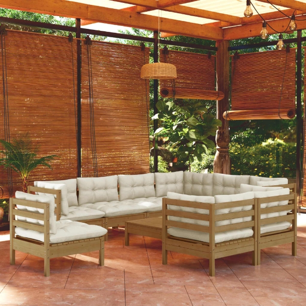 Set Divani da Giardino 10 pz con Cuscini Miele Legno di Pino