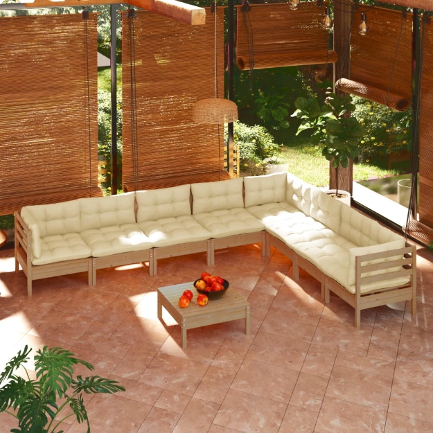 Set Divani da Giardino 9 pz con Cuscini Miele Legno di Pino