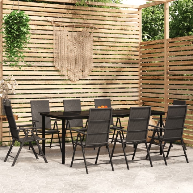 Set da Pranzo per Giardino 9 pz con Cuscini Nero